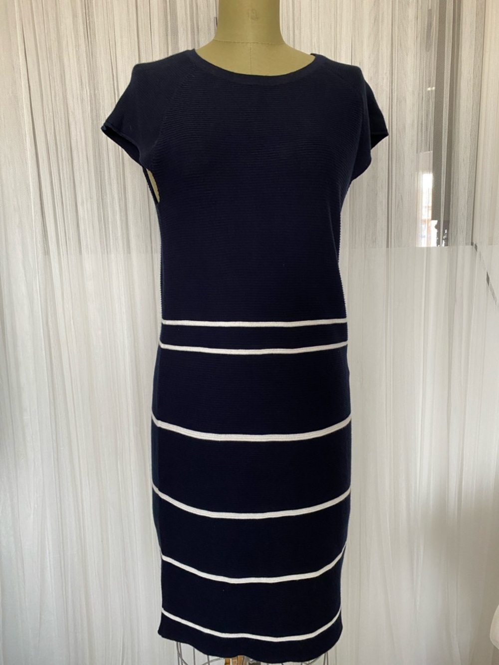 Y2K Saint James Navy with White Stripe Knit 100% Cotton Midi Dress Size 6